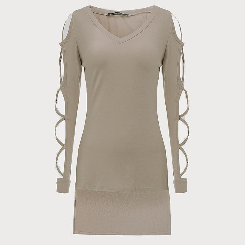 T Shirt Women Brand V Neck Long Sleeve Hollow Out Side Split Tops Shirts Plus Size Cotton T-Shirt