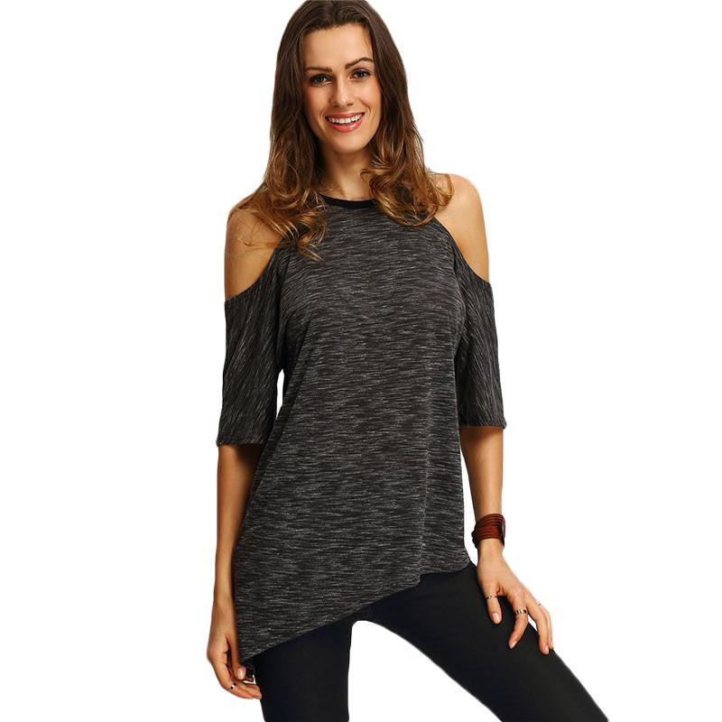 Woman Fashion Tops Ladies Tee Shirts Casual Half Sleeve Cold Shoulder Black Crew Neck Asymmetric Hem T-shirt