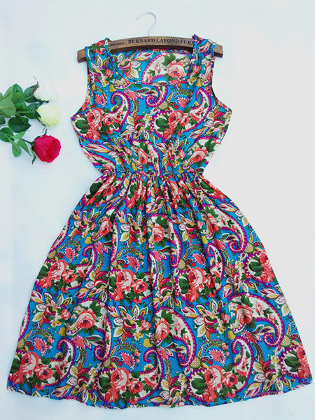 Online discount shop Australia - 20 Colors Brand Blue stars Fashion Women Sleeveless Florals Print Round Neck Dress Saias Femininas Summer Clothing S-XXL