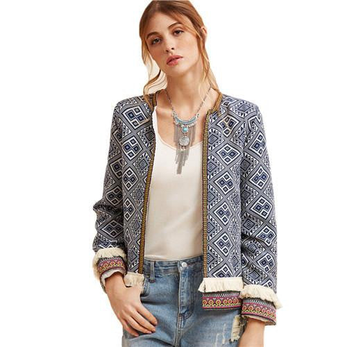 Vintage Short Jackets For Women Blue Collarless Long Sleeve Fringe Trim Tribal Jacket With Embroidered Tape