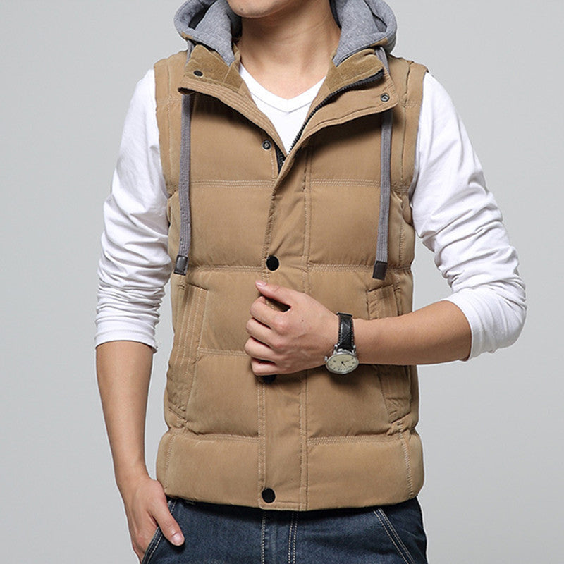 Casual Men Vest Men Cotton High Waistcoat Hat Detachable Windbreak Khaki Men Vest 4XL 7 Colors