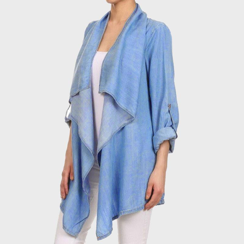 Vintage Denim Cardigan Women Long Sleeve Casual Irregular Hem Jacket Coat Ladies Lapel Loose Solid Outwear