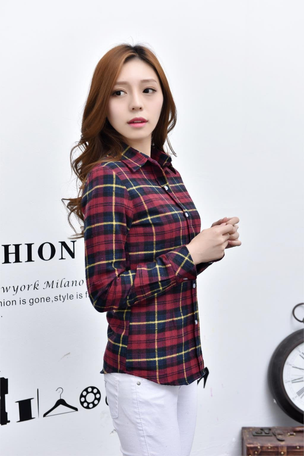 Women loose blouses thick warm cotton long-sleeved blouse 100%cotton flannel plaid shirt Women Tops plus size 21 colors
