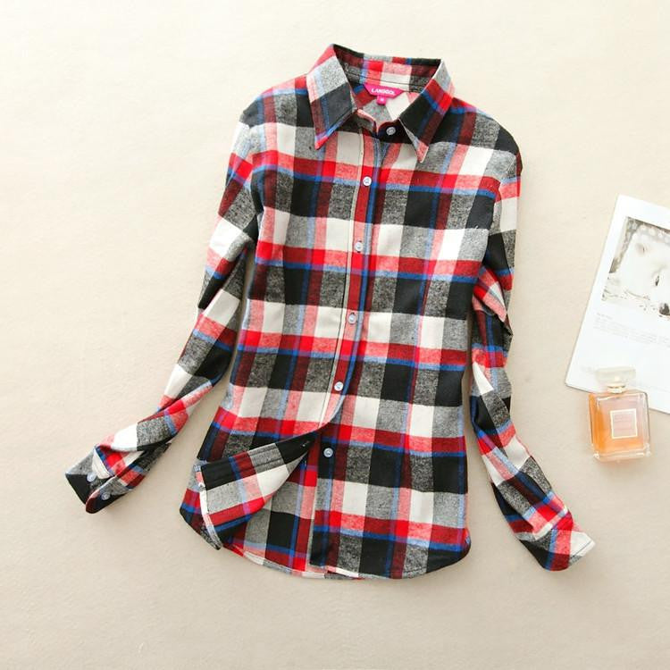 Women loose blouses thick warm cotton long-sleeved blouse 100%cotton flannel plaid shirt Women Tops plus size 21 colors