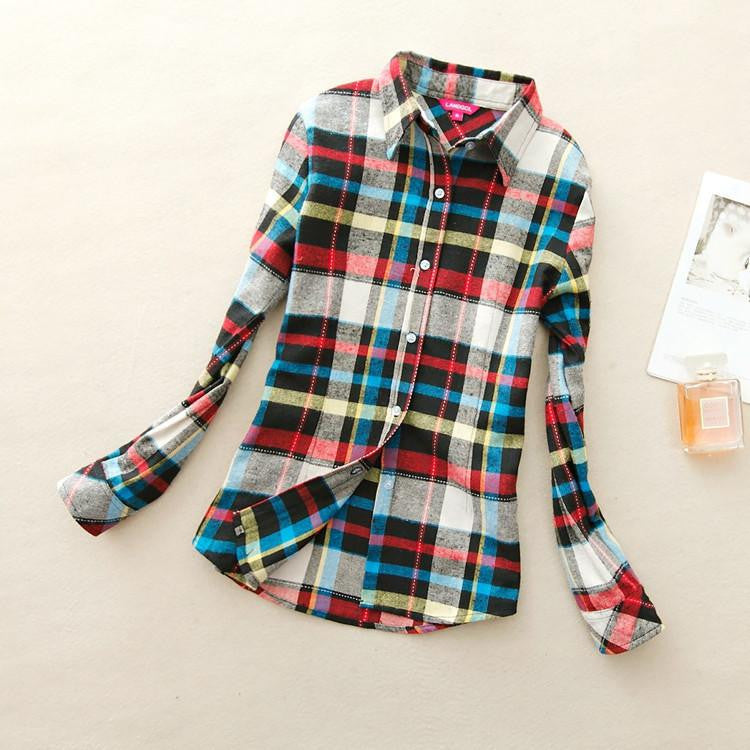 Women loose blouses thick warm cotton long-sleeved blouse 100%cotton flannel plaid shirt Women Tops plus size 21 colors
