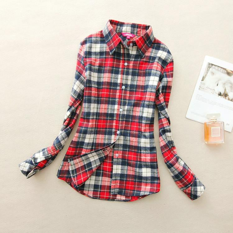 Women loose blouses thick warm cotton long-sleeved blouse 100%cotton flannel plaid shirt Women Tops plus size 21 colors