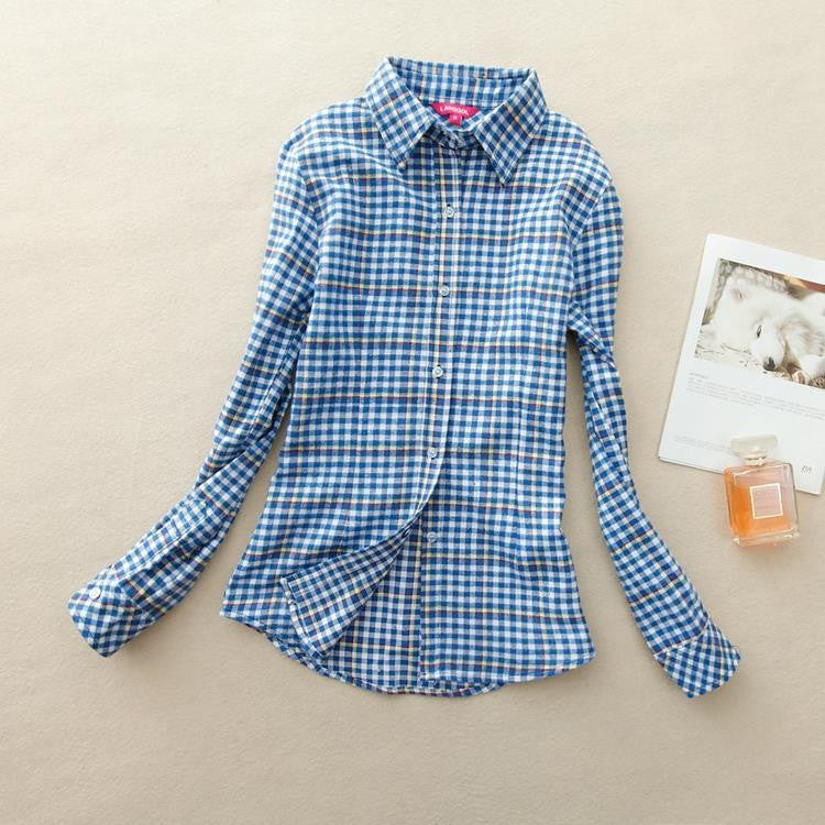 Women loose blouses thick warm cotton long-sleeved blouse 100%cotton flannel plaid shirt Women Tops plus size 21 colors