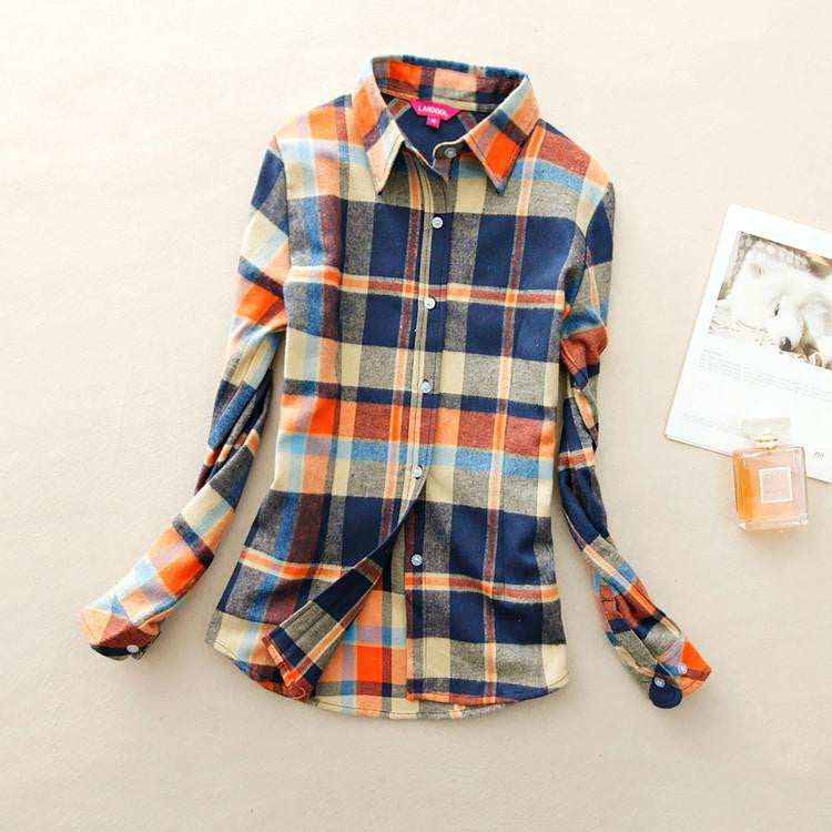 Women loose blouses thick warm cotton long-sleeved blouse 100%cotton flannel plaid shirt Women Tops plus size 21 colors