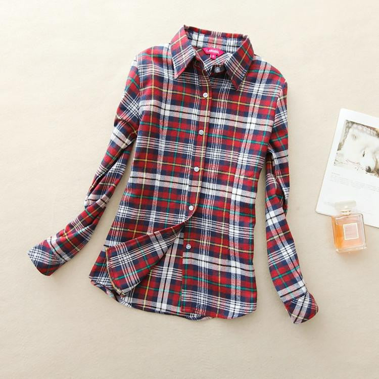 Women loose blouses thick warm cotton long-sleeved blouse 100%cotton flannel plaid shirt Women Tops plus size 21 colors