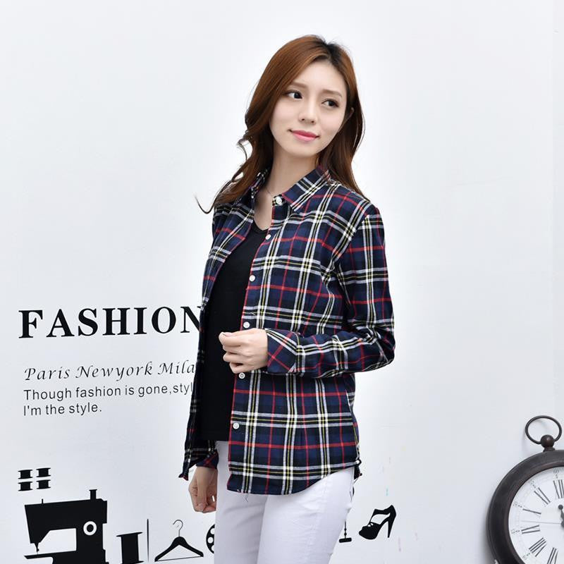 Women loose blouses thick warm cotton long-sleeved blouse 100%cotton flannel plaid shirt Women Tops plus size 21 colors
