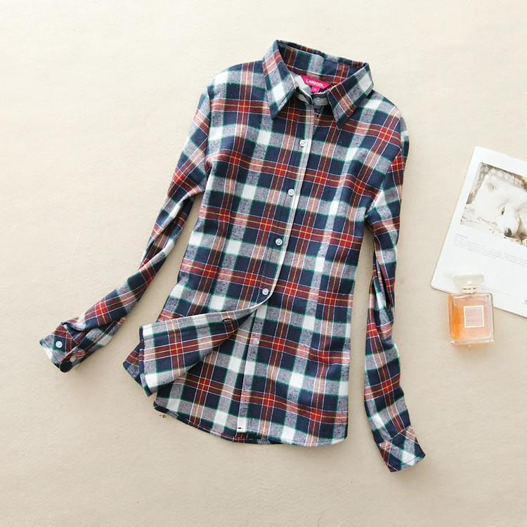 Women loose blouses thick warm cotton long-sleeved blouse 100%cotton flannel plaid shirt Women Tops plus size 21 colors
