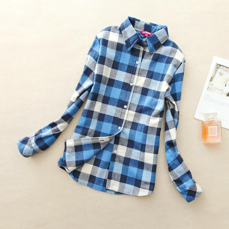 Women loose blouses thick warm cotton long-sleeved blouse 100%cotton flannel plaid shirt Women Tops plus size 21 colors