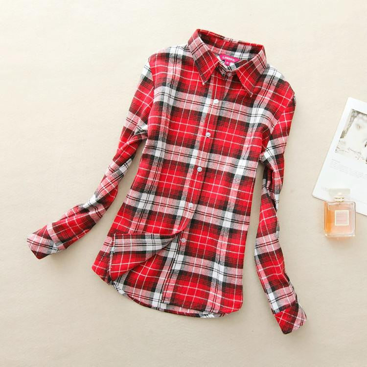 Women loose blouses thick warm cotton long-sleeved blouse 100%cotton flannel plaid shirt Women Tops plus size 21 colors
