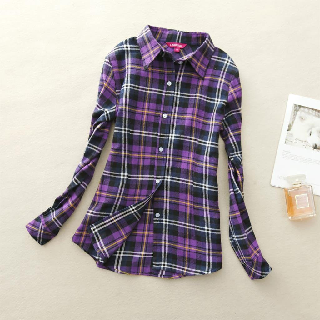 Women loose blouses thick warm cotton long-sleeved blouse 100%cotton flannel plaid shirt Women Tops plus size 21 colors