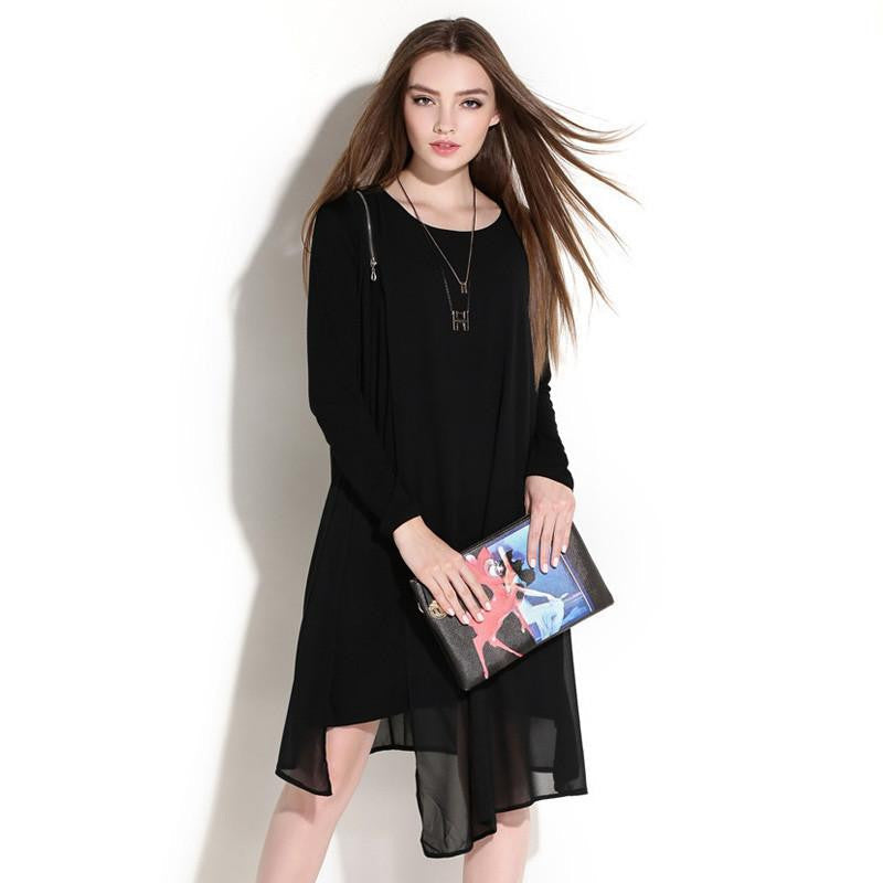 YuooMuoo Fashion Chiffon Patchwork Women Asymmetrical Dress Brand Zipper Design Elegant Dress Autumn Big Size Women Clothes