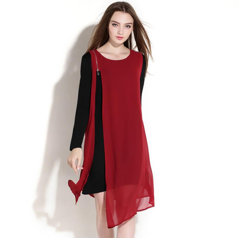 YuooMuoo Fashion Chiffon Patchwork Women Asymmetrical Dress Brand Zipper Design Elegant Dress Autumn Big Size Women Clothes