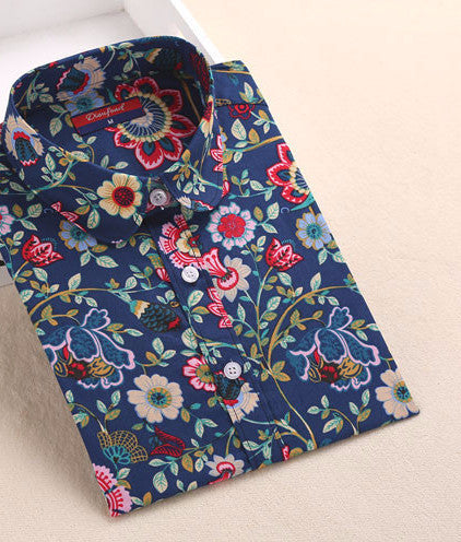 Women Blouse Flower Pattern Women Shirt Cotton Long Sleeve Ladies Shirt Blouse Casual Turn-Down Collar Women
