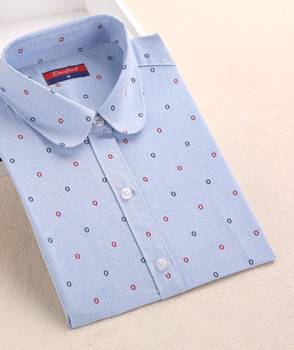 Women Blouse Flower Pattern Women Shirt Cotton Long Sleeve Ladies Shirt Blouse Casual Turn-Down Collar Women