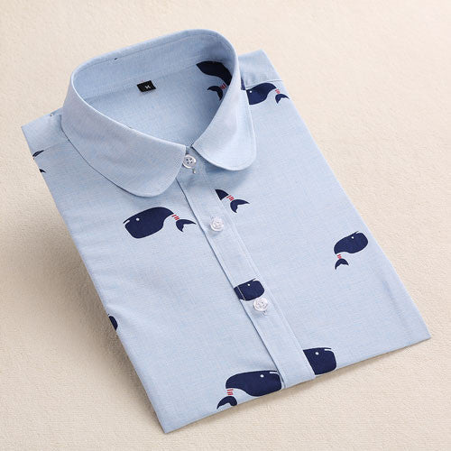 Women Blouse Flower Pattern Women Shirt Cotton Long Sleeve Ladies Shirt Blouse Casual Turn-Down Collar Women