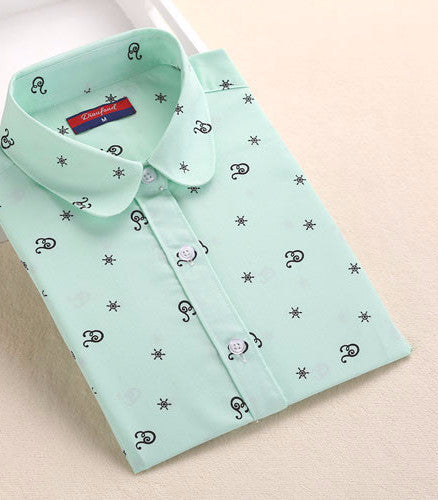 Women Blouse Flower Pattern Women Shirt Cotton Long Sleeve Ladies Shirt Blouse Casual Turn-Down Collar Women