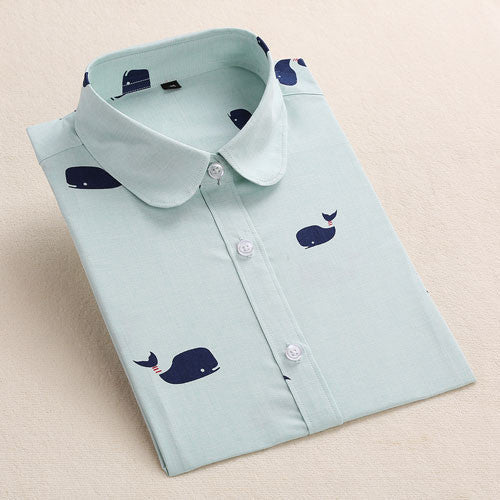 Women Blouse Flower Pattern Women Shirt Cotton Long Sleeve Ladies Shirt Blouse Casual Turn-Down Collar Women