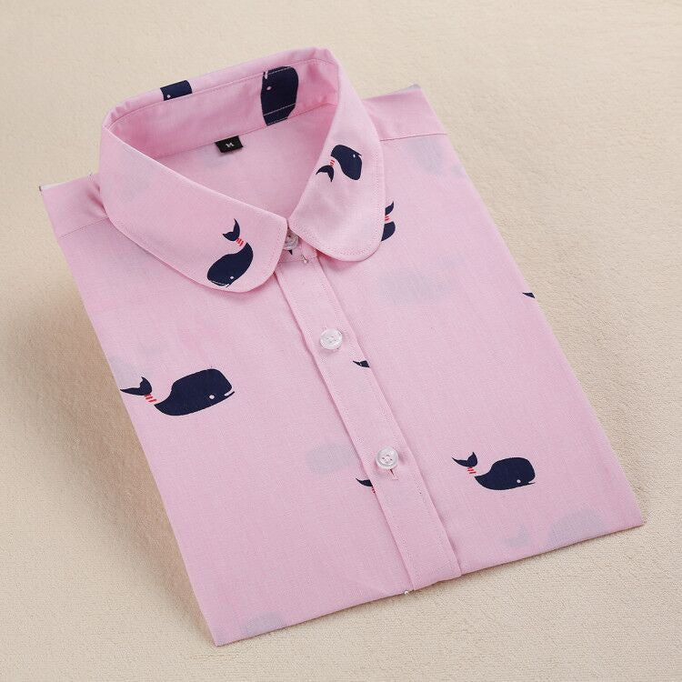 Women Blouse Flower Pattern Women Shirt Cotton Long Sleeve Ladies Shirt Blouse Casual Turn-Down Collar Women