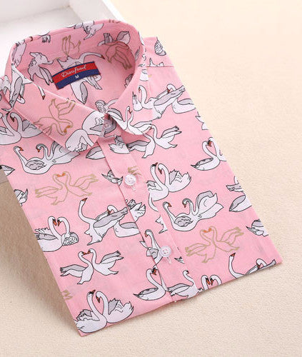 Women Blouse Flower Pattern Women Shirt Cotton Long Sleeve Ladies Shirt Blouse Casual Turn-Down Collar Women