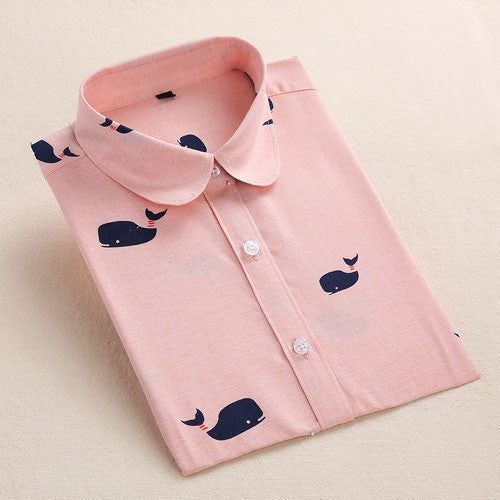 Women Blouse Flower Pattern Women Shirt Cotton Long Sleeve Ladies Shirt Blouse Casual Turn-Down Collar Women