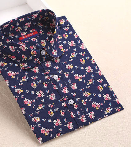 Women Blouse Flower Pattern Women Shirt Cotton Long Sleeve Ladies Shirt Blouse Casual Turn-Down Collar Women