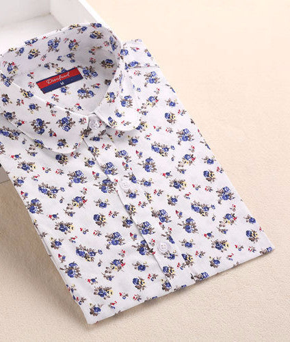 Women Blouse Flower Pattern Women Shirt Cotton Long Sleeve Ladies Shirt Blouse Casual Turn-Down Collar Women
