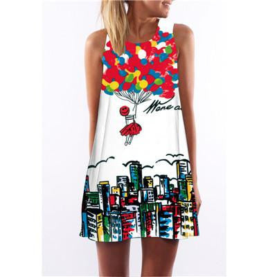 Summer Cartoon Print Dress Hippie Women Beach Dress Fashion Female Plus Size Women Clothing Mini Dress