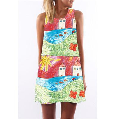 Summer Cartoon Print Dress Hippie Women Beach Dress Fashion Female Plus Size Women Clothing Mini Dress