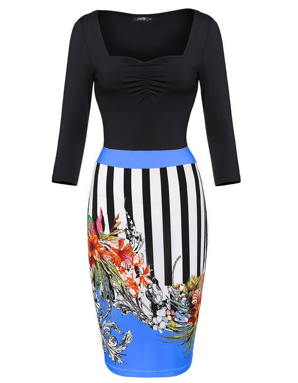 Stylish Women 3D Floral Print Bodycon Dress Slim Party Club Dresses Plus Size 3/4 Sleeve Splicing Striped