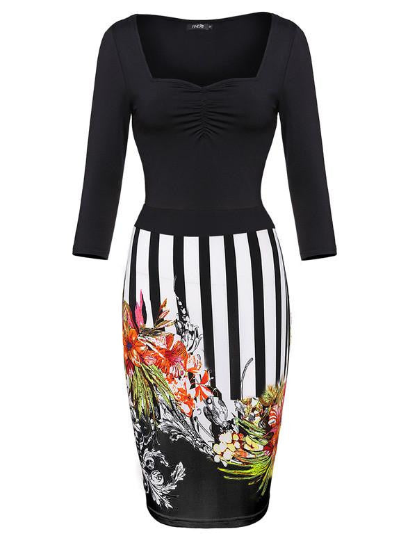 Stylish Women 3D Floral Print Bodycon Dress Slim Party Club Dresses Plus Size 3/4 Sleeve Splicing Striped