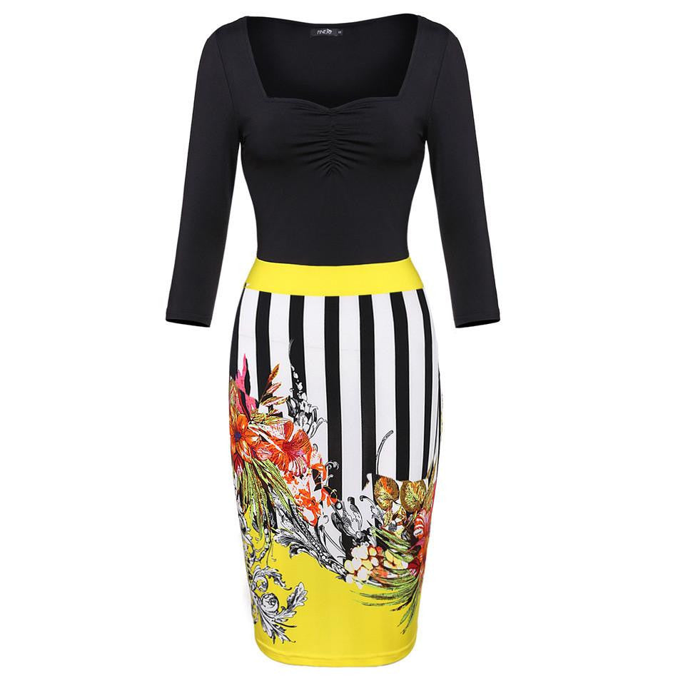 Stylish Women 3D Floral Print Bodycon Dress Slim Party Club Dresses Plus Size 3/4 Sleeve Splicing Striped