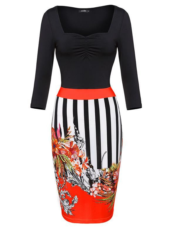 Stylish Women 3D Floral Print Bodycon Dress Slim Party Club Dresses Plus Size 3/4 Sleeve Splicing Striped