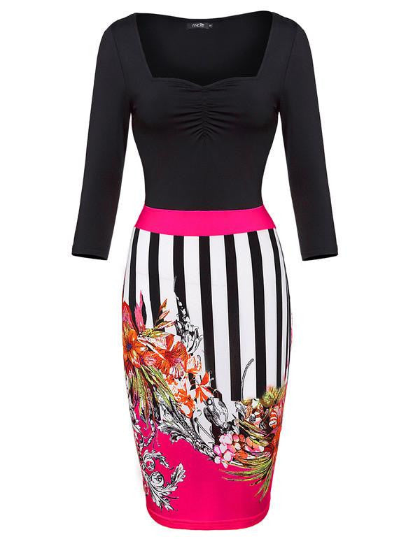 Stylish Women 3D Floral Print Bodycon Dress Slim Party Club Dresses Plus Size 3/4 Sleeve Splicing Striped