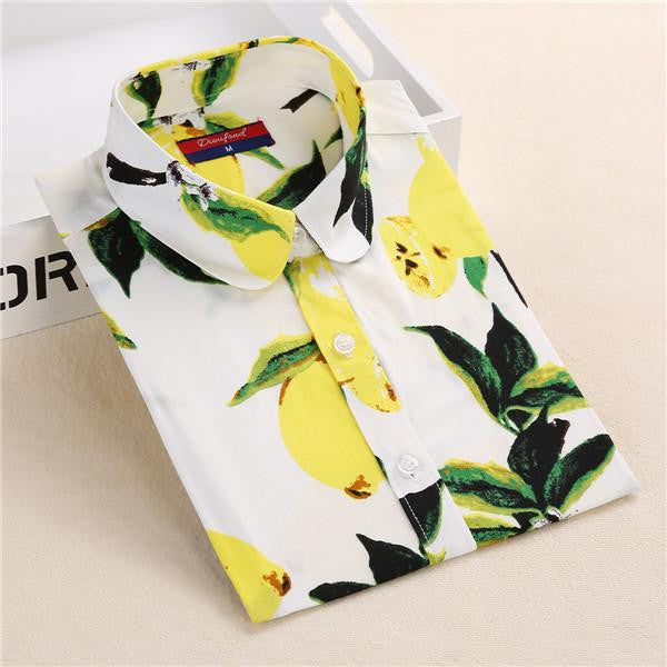 Women Blouses Fruit Print Shirts Long Sleeve Women Shirt Turn Down Collar Bohemia Casual Blouse