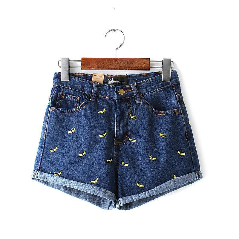 women banana flower embroidery cotton curling plus size casual female waist denim shorts
