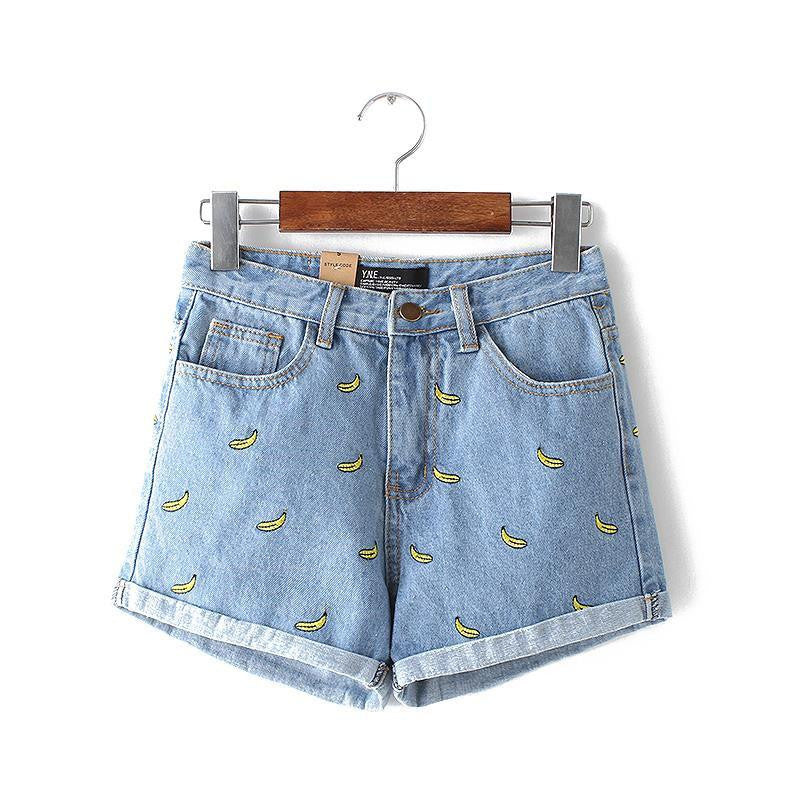 women banana flower embroidery cotton curling plus size casual female waist denim shorts