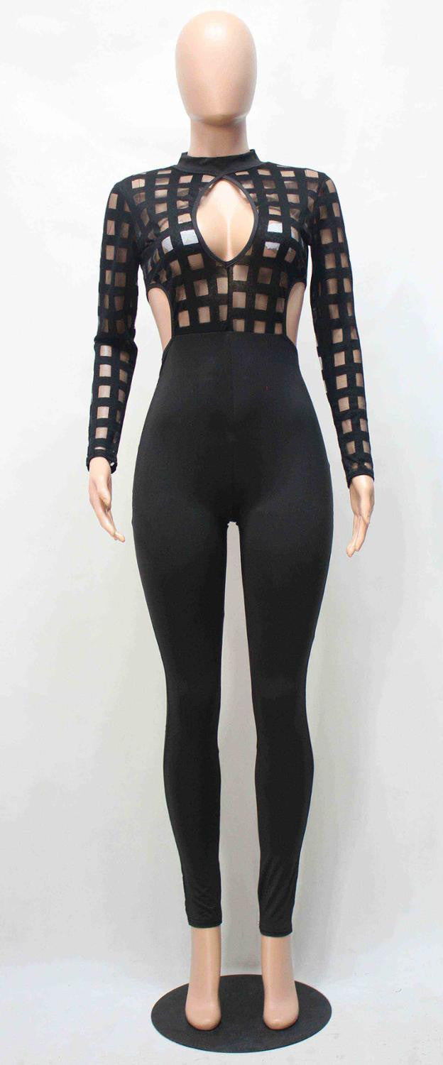 Online discount shop Australia - Julissa Mo Sexy Black Jumpsuit Rompers Hollow Out Plaid Bandage Mesh White Overalls Catsuit Night Club One Piece Long Jumpsuits