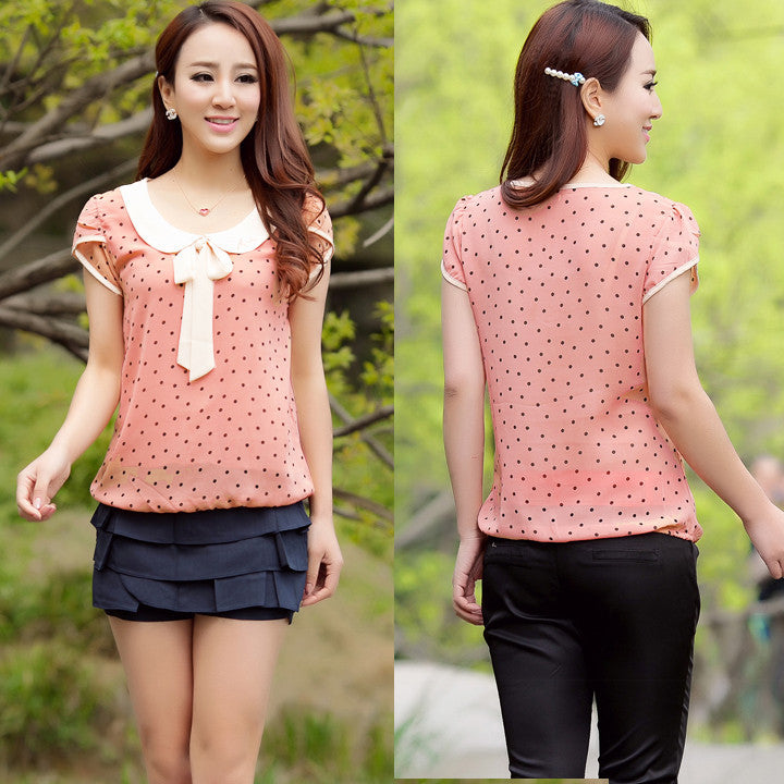 Brand Summer Style Blouse Casual Sweet Women Doll Collar Short Sleeve Tops Polka Dot Chiffon Shirt Blouse Summer Casual Shirt 41-Dollar Bargains Online Shopping Australia