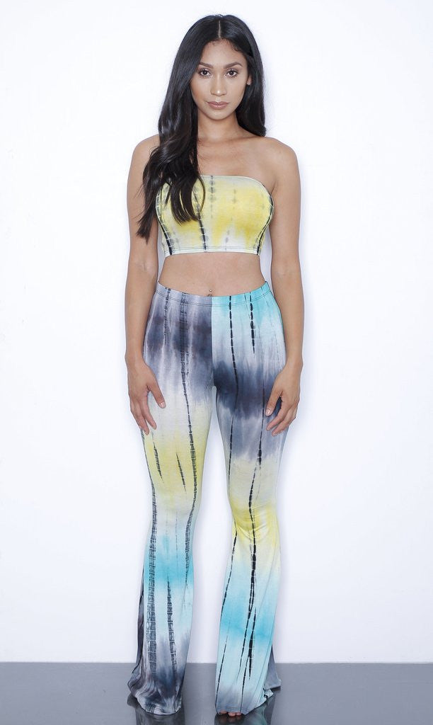 Online discount shop Australia - European and American Style Tie Dye Flared Trousers High Waist Wide Leg Long Pants Trousers with Crop Top 2-piece Set