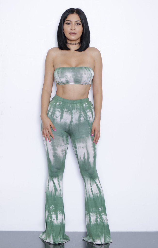 Online discount shop Australia - European and American Style Tie Dye Flared Trousers High Waist Wide Leg Long Pants Trousers with Crop Top 2-piece Set