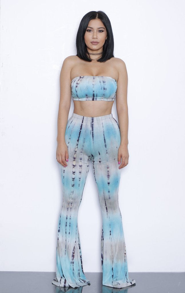Online discount shop Australia - European and American Style Tie Dye Flared Trousers High Waist Wide Leg Long Pants Trousers with Crop Top 2-piece Set