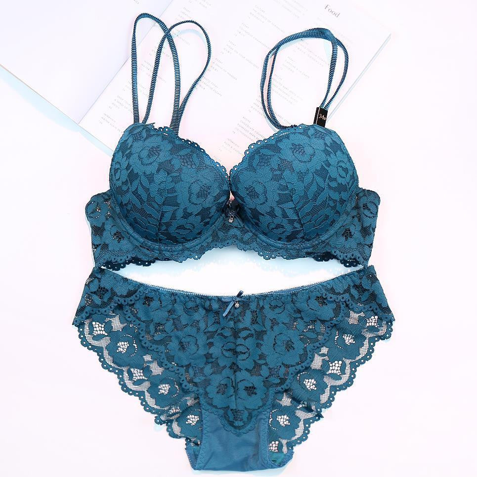 lace embroidery flowers thin thick double shoulder strap bra set deep V-neck thickening women's push up underwear