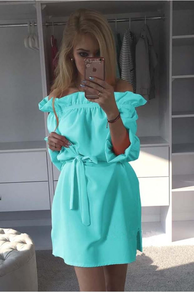 Summer Candy Colors Dress Women's Sundress Slash Neck Bandage Side Split Solid Mini Dress With Belt Beach Party Dress LX125