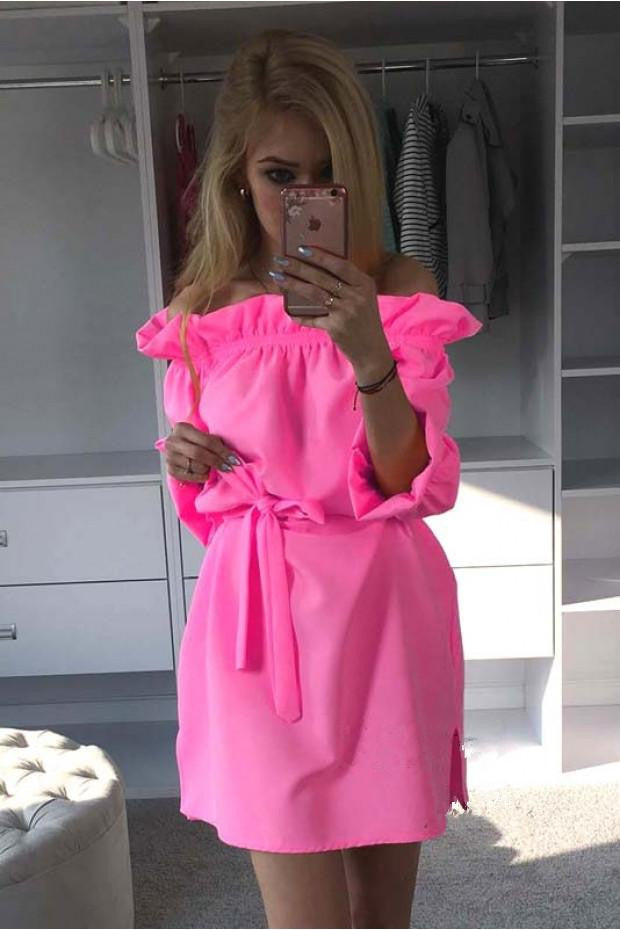 Summer Candy Colors Dress Women's Sundress Slash Neck Bandage Side Split Solid Mini Dress With Belt Beach Party Dress LX125