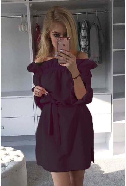 Summer Candy Colors Dress Women's Sundress Slash Neck Bandage Side Split Solid Mini Dress With Belt Beach Party Dress LX125