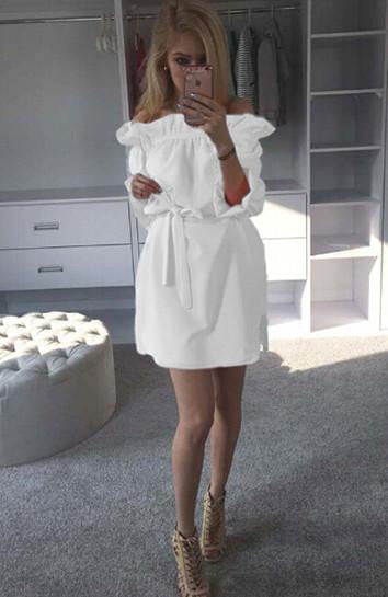 Summer Candy Colors Dress Women's Sundress Slash Neck Bandage Side Split Solid Mini Dress With Belt Beach Party Dress LX125